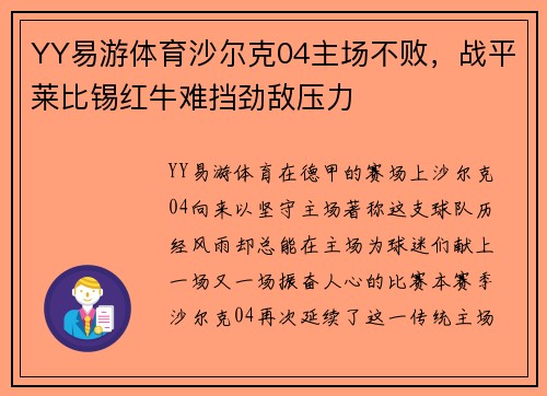 YY易游体育沙尔克04主场不败，战平莱比锡红牛难挡劲敌压力